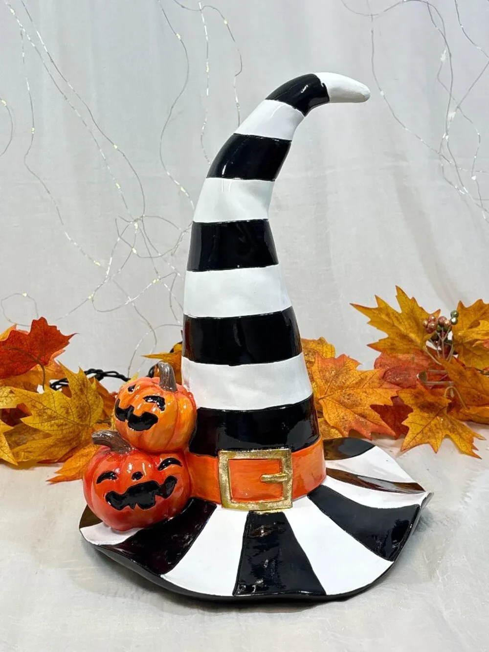 Black & White Striped Witch Hat Halloween Décor McKenzie Inspired Tabletop New